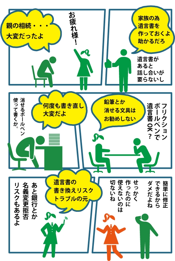 マンガ、遺言書をフリクションボールペンで書く