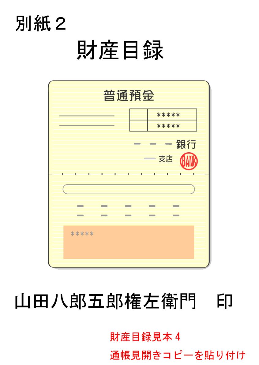 通帳コピーを貼り付けた財産目録の見本