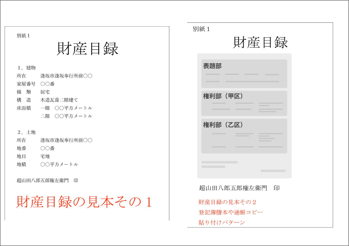 PC作成の財産目録の見本
